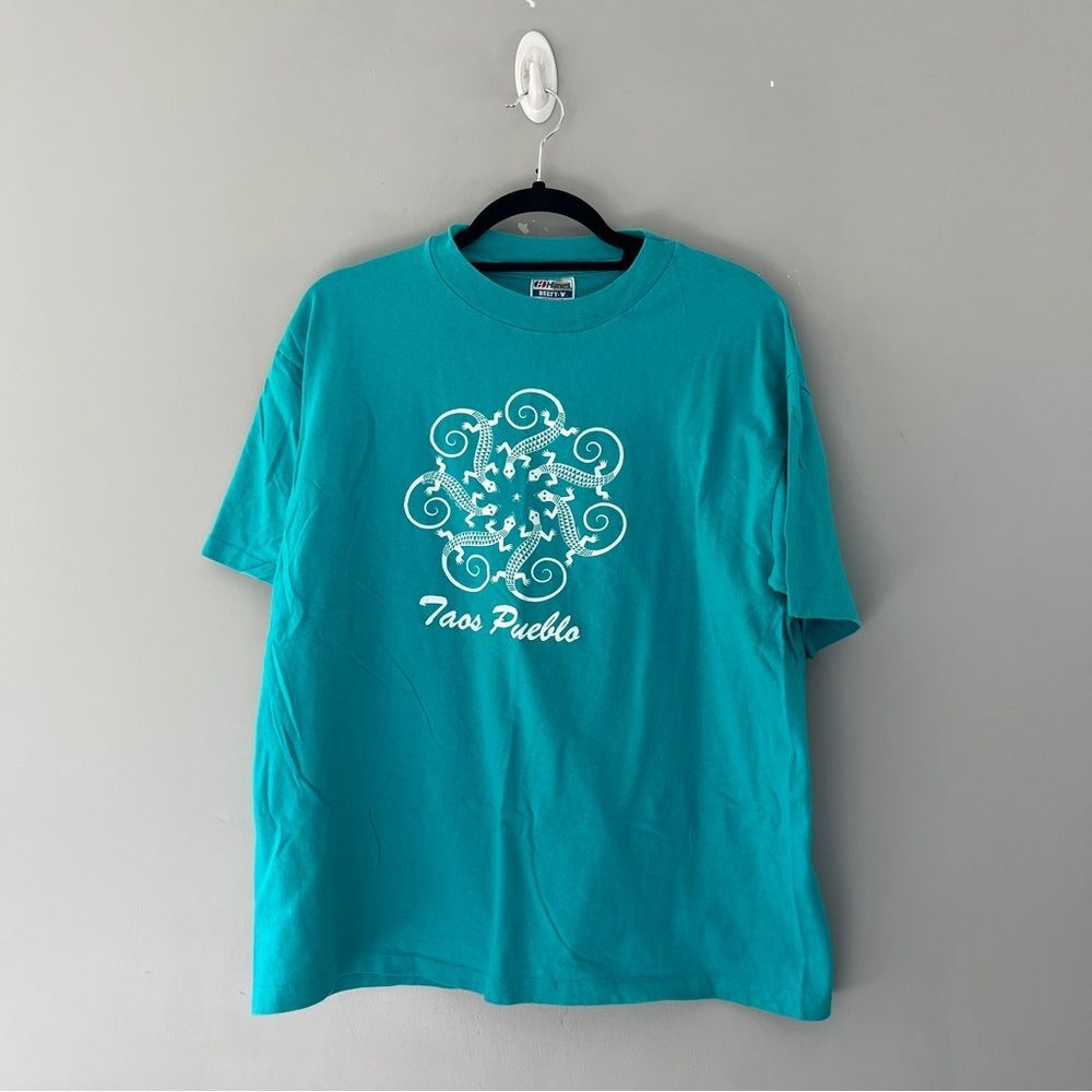 Vintage Blue Taos Pueblo Lizard Print Graphic T-shirt Crew Neck Cotton Size XL